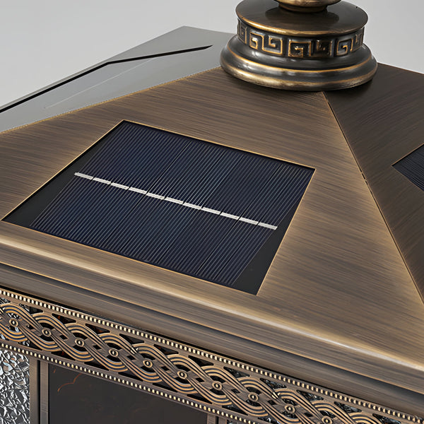 European Square Hardwired Solar Copper Outdoor Column Light With Glass Shade Bronze