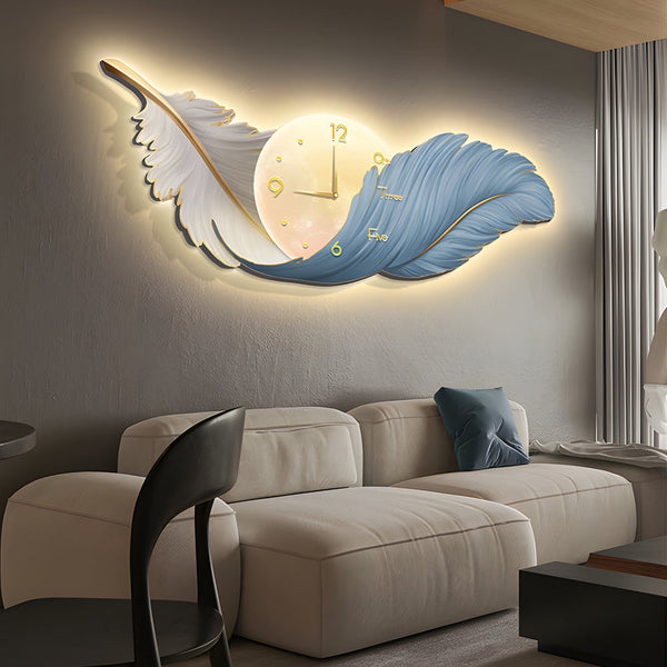 2 In 1 Wall Feather Painting Hanging Decor Led Wall Lamp Wall Clock