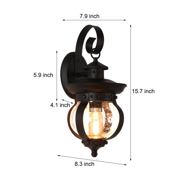 1 Light Seeded Glass Globe Led Outdoor Wall Lantern With Curved Arm