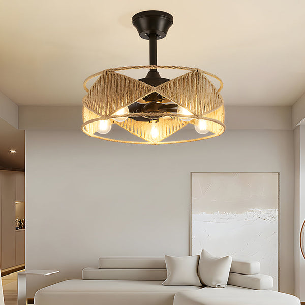 20 In Hemp Rope Woven Caged Ceiling Fan With Light And Remote 6 Speed