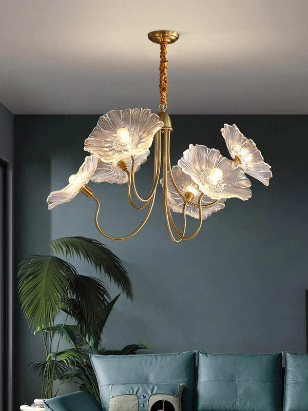 Lotus Leaf Glass Chandelier, Gold Metal 3 or 6 Head Pendant Light for Dining Room and Living Room