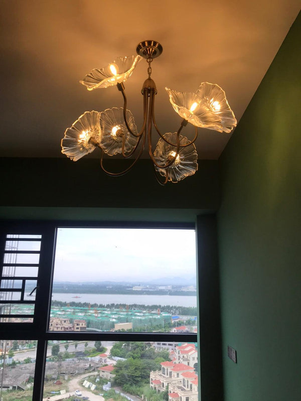 Lotus Leaf Glass Chandelier, Gold Metal 3 or 6 Head Pendant Light for Dining Room and Living Room