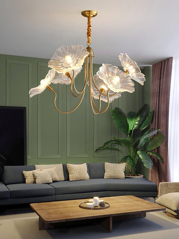 Lotus Leaf Glass Chandelier, Gold Metal 3 or 6 Head Pendant Light for Dining Room and Living Room