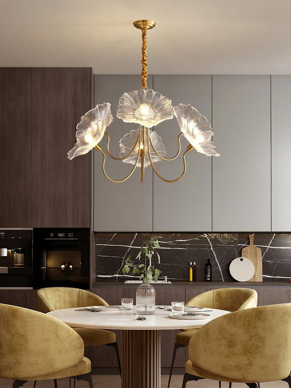 Lotus Leaf Glass Chandelier, Gold Metal 3 or 6 Head Pendant Light for Dining Room and Living Room