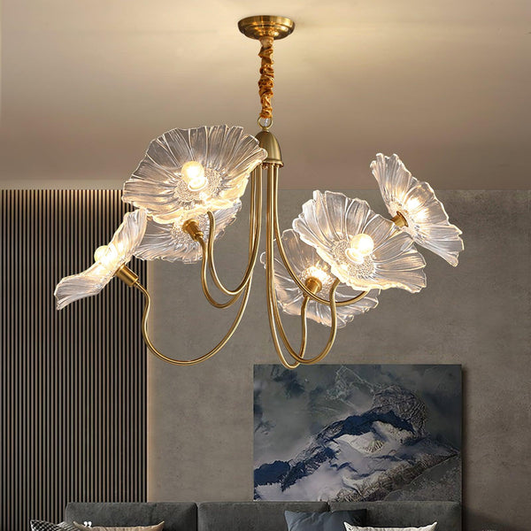 Lotus Leaf Glass Chandelier, Gold Metal 3 or 6 Head Pendant Light for Dining Room and Living Room