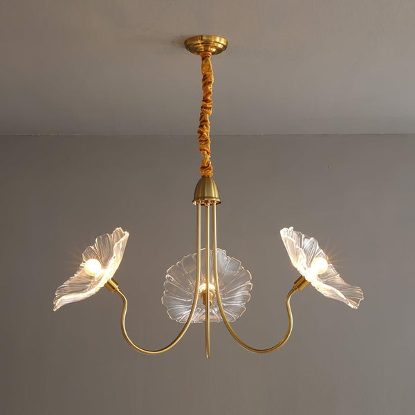 Lotus Leaf Glass Chandelier, Gold Metal 3 or 6 Head Pendant Light for Dining Room and Living Room