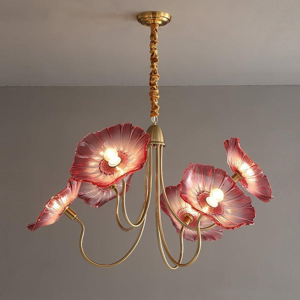 Lotus Leaf Glass Chandelier, Gold Metal 3 or 6 Head Pendant Light for Dining Room and Living Room