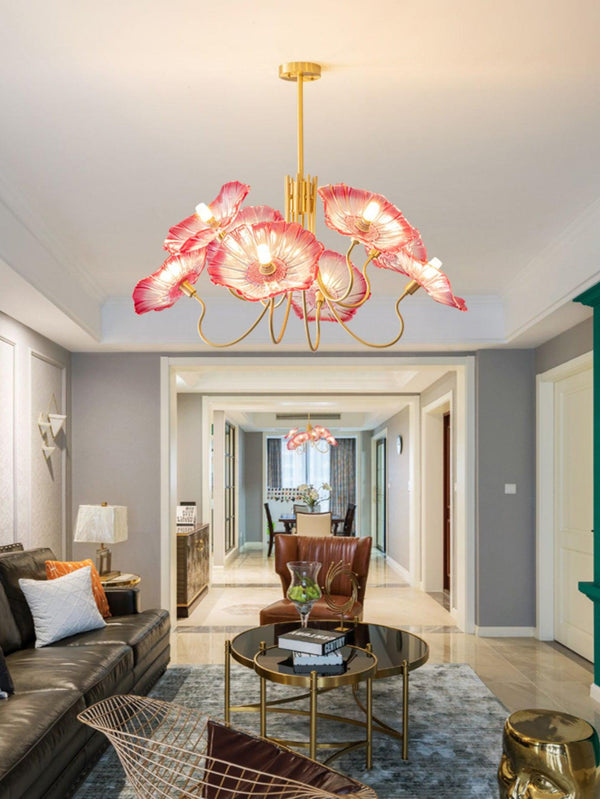 Lotus Leaf Glass Chandelier, Gold Metal 3 or 6 Head Pendant Light for Dining Room and Living Room