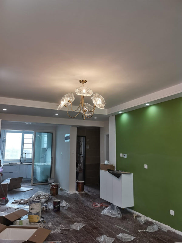 Lotus Leaf Glass Chandelier, Gold Metal 3 or 6 Head Pendant Light for Dining Room and Living Room