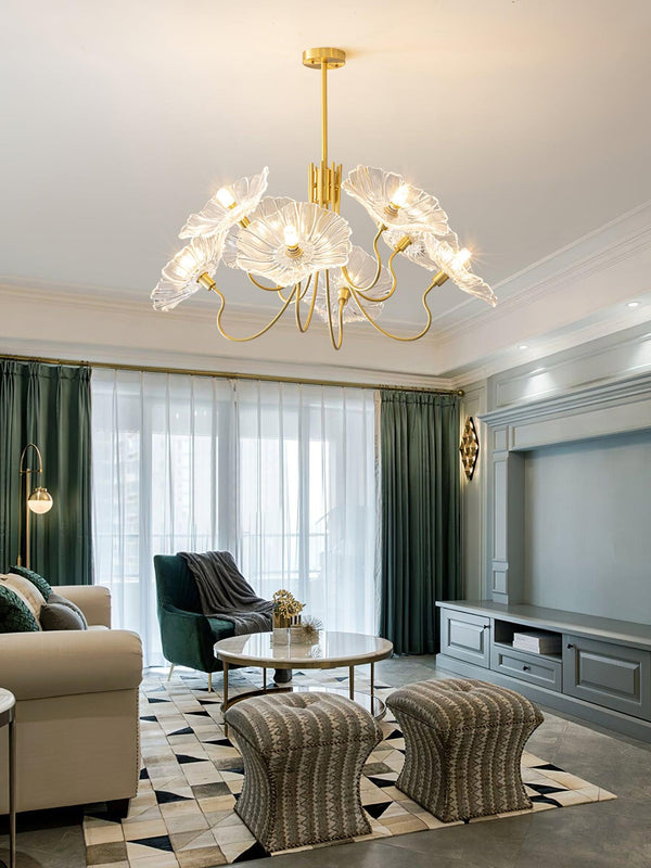 Lotus Leaf Glass Chandelier, Gold Metal 3 or 6 Head Pendant Light for Dining Room and Living Room