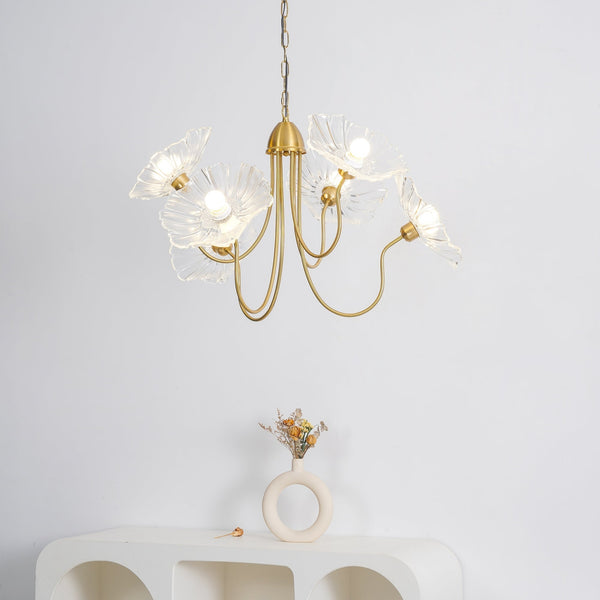 Lotus Leaf Glass Chandelier, Gold Metal 3 or 6 Head Pendant Light for Dining Room and Living Room