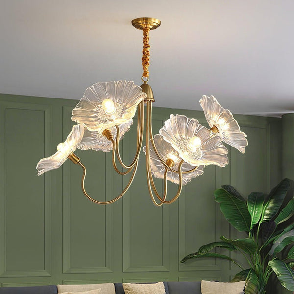 Lotus Leaf Glass Chandelier, Gold Metal 3 or 6 Head Pendant Light for Dining Room and Living Room
