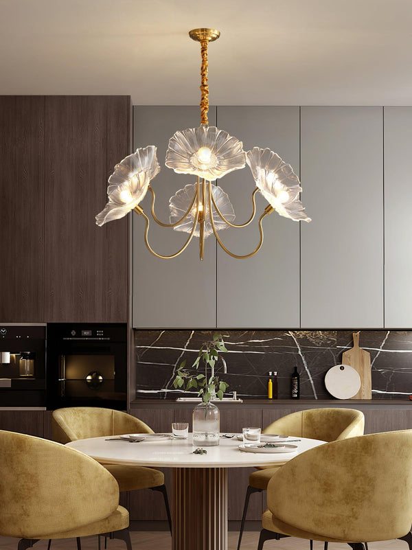 Lotus Leaf Glass Chandelier, Gold Metal 3 or 6 Head Pendant Light for Dining Room and Living Room