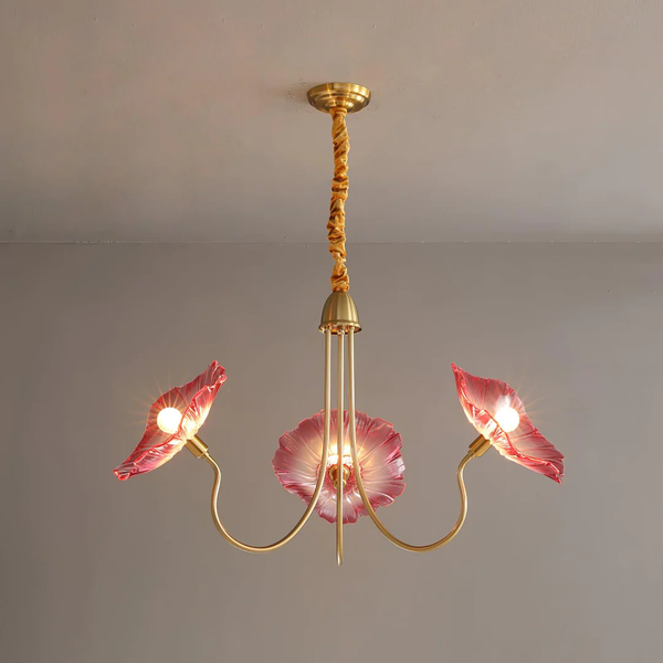 Lotus Leaf Glass Chandelier, Gold Metal 3 or 6 Head Pendant Light for Dining Room and Living Room