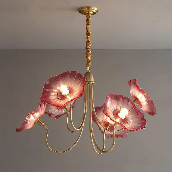 Lotus Leaf Glass Chandelier, Gold Metal 3 or 6 Head Pendant Light for Dining Room and Living Room