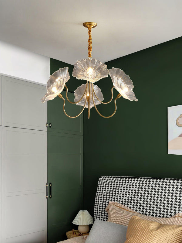 Lotus Leaf Glass Chandelier, Gold Metal 3 or 6 Head Pendant Light for Dining Room and Living Room