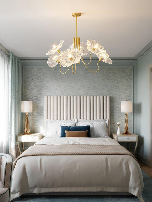 Lotus Leaf Glass Chandelier, Gold Metal 3 or 6 Head Pendant Light for Dining Room and Living Room