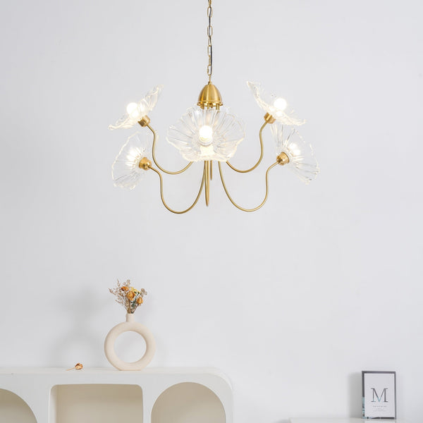 Lotus Leaf Glass Chandelier, Gold Metal 3 or 6 Head Pendant Light for Dining Room and Living Room