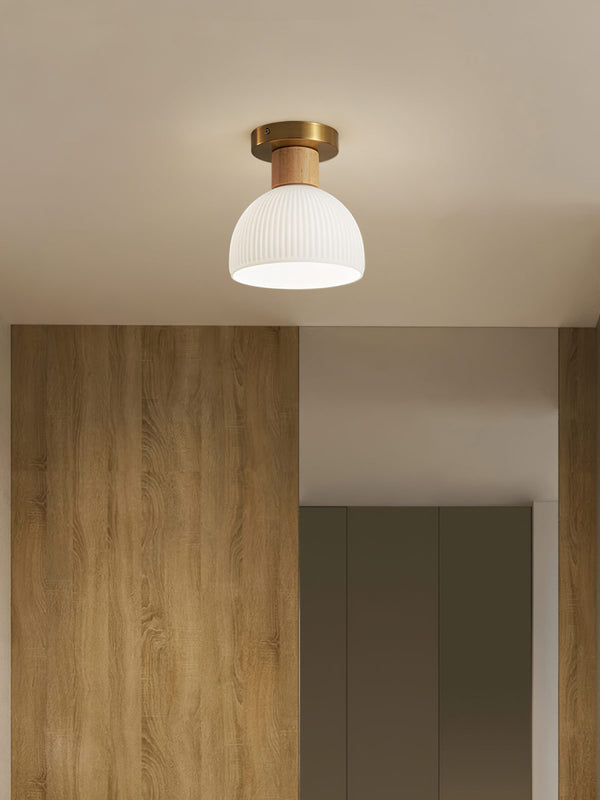Horn Shaped Small Ceiling Lamp, Iron and Wood Flush Mount for Bedroom and Hallway