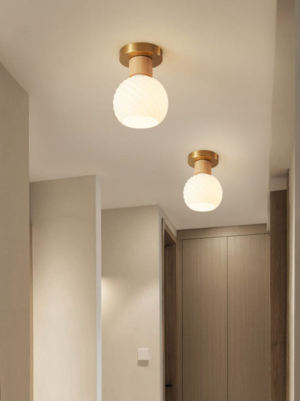 Horn Shaped Small Ceiling Lamp, Iron and Wood Flush Mount for Bedroom and Hallway
