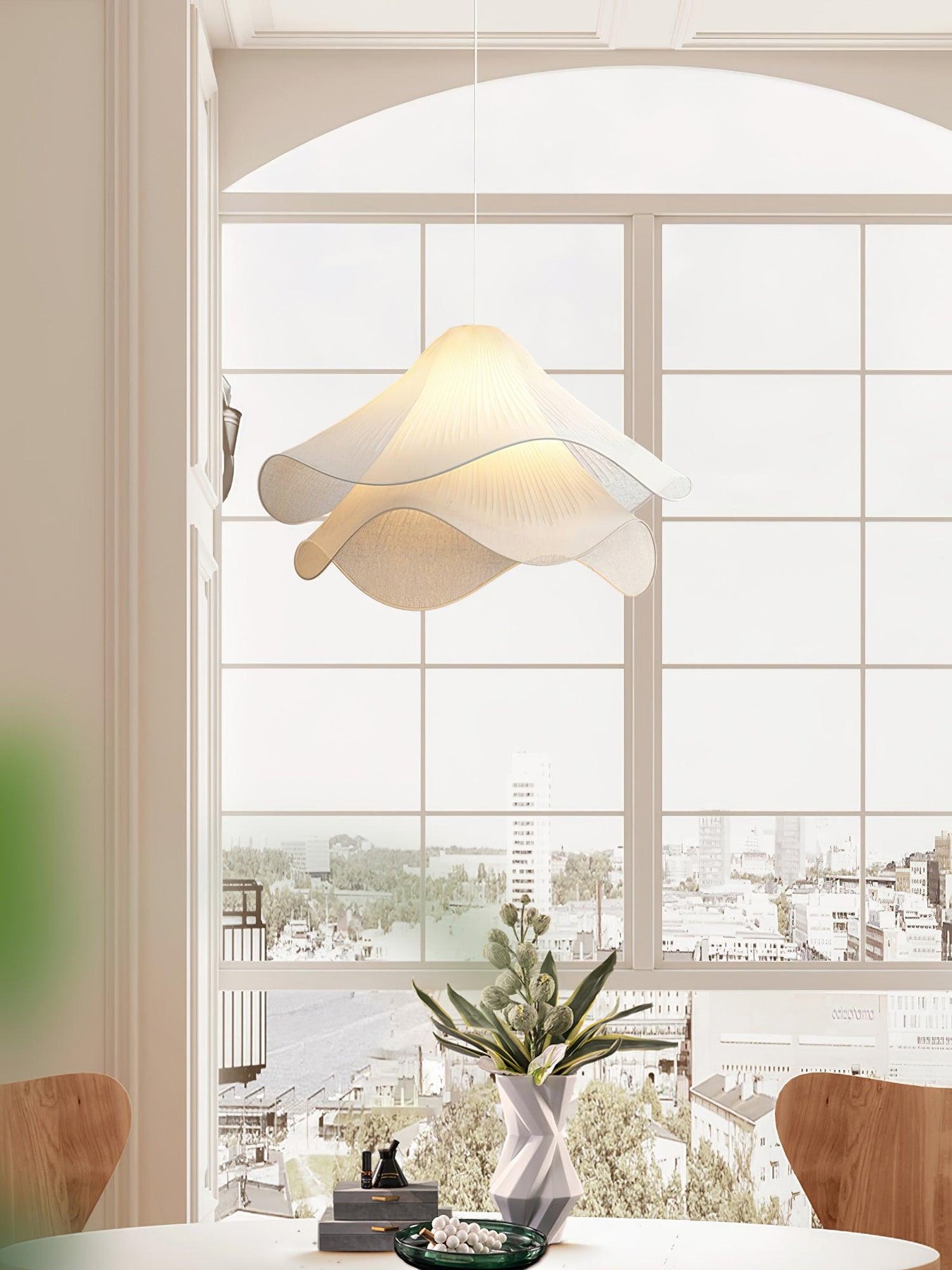 Ethereal Bloom Pendant Light, Layered White Fabric Shade with Gold Fin ...