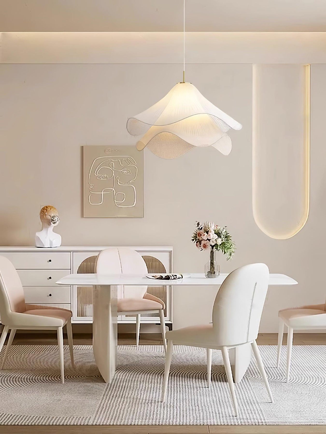 Ethereal Bloom Pendant Light, Layered White Fabric Shade with Gold Fin ...