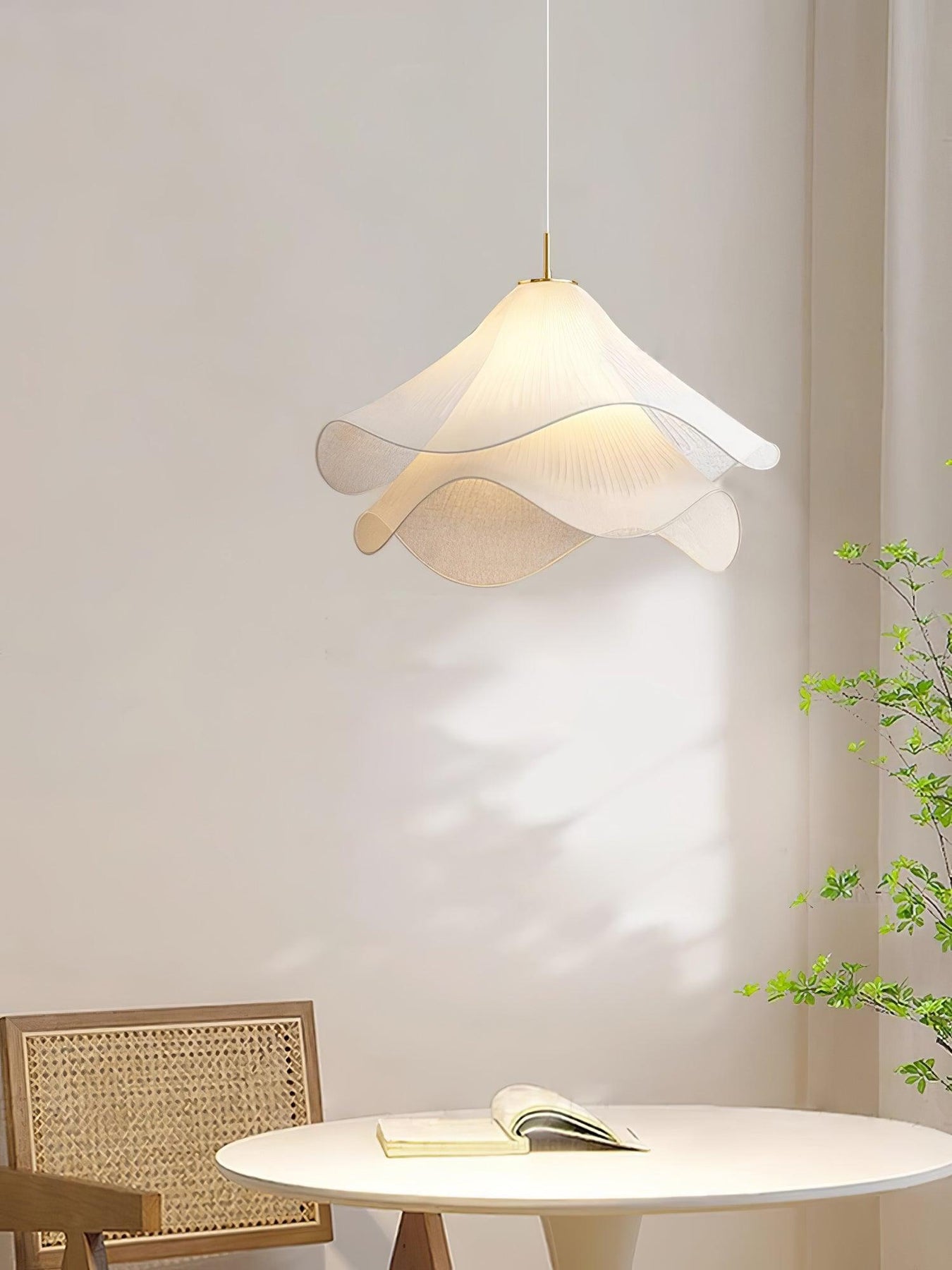 Ethereal Bloom Pendant Light, Layered White Fabric Shade with Gold Fin ...
