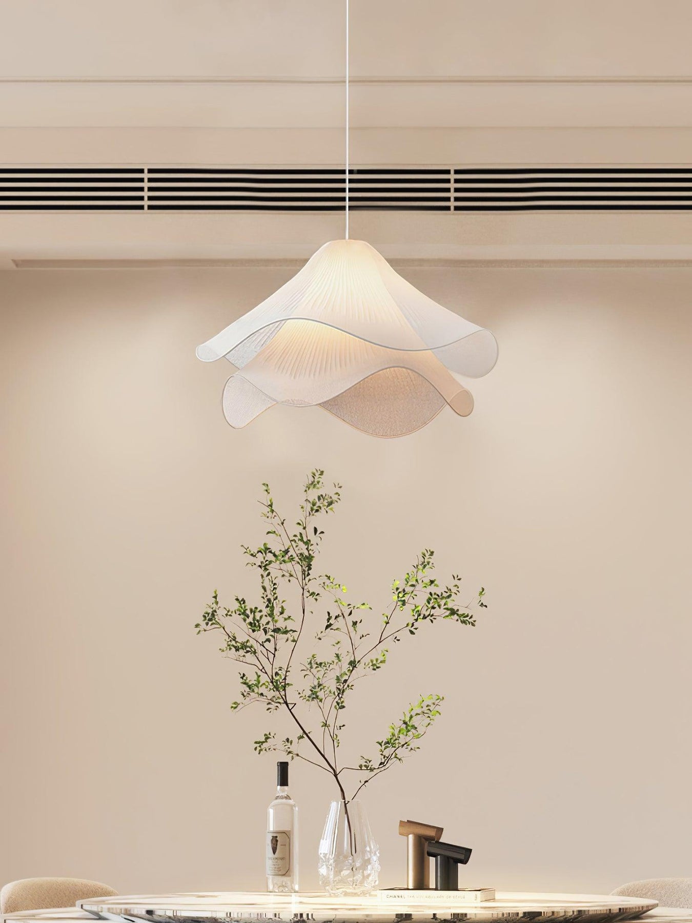 Ethereal Bloom Pendant Light, Layered White Fabric Shade with Gold Fin ...