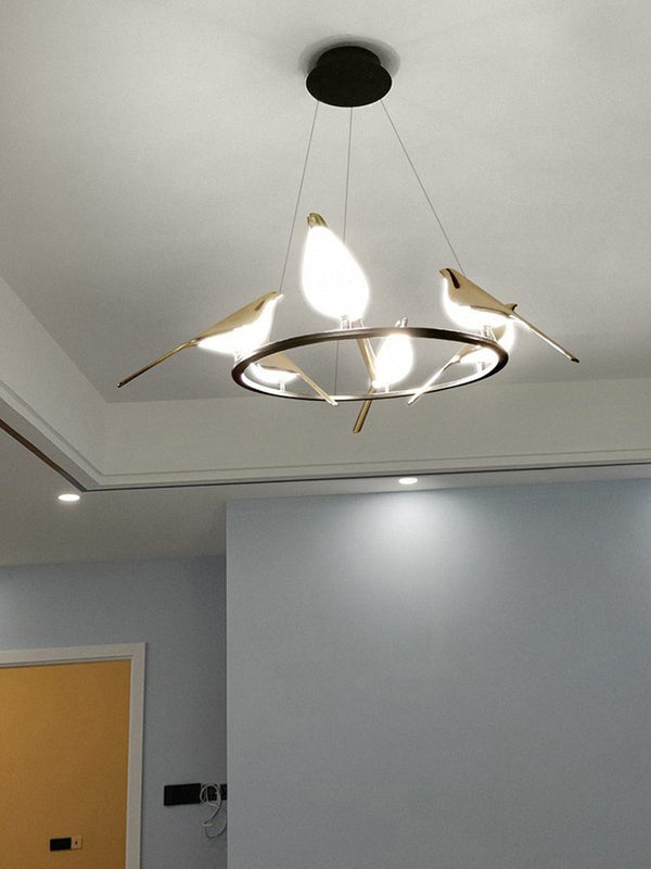 Modern Bird-Shaped LED Chandelier, 31.5-Inch Golden Aluminum & Acrylic Pendant Light for Dining Room and Foyer