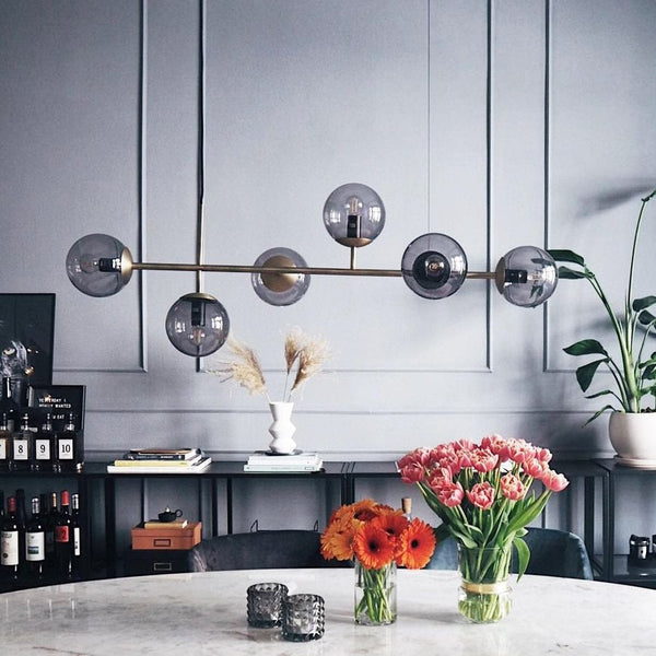 Orb Glass Pendant Light with Brass Accents for Dining Room and Kitchen Island