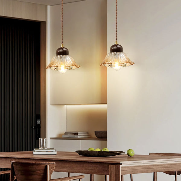 Ribbed Floral Pendant Light with Cognac Lotus Shade for Dining Room and Kitchen Island