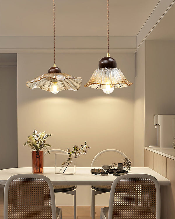 Ribbed Floral Pendant Light with Cognac Lotus Shade for Dining Room and Kitchen Island