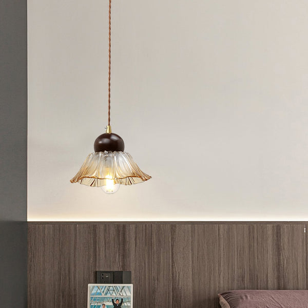 Ribbed Floral Pendant Light with Cognac Lotus Shade for Dining Room and Kitchen Island