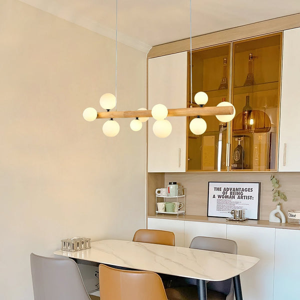 Spiral Glass Ball Chandelier with Wood Frame for Dining Room and Foyer