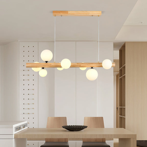 Spiral Glass Ball Chandelier with Wood Frame for Dining Room and Foyer