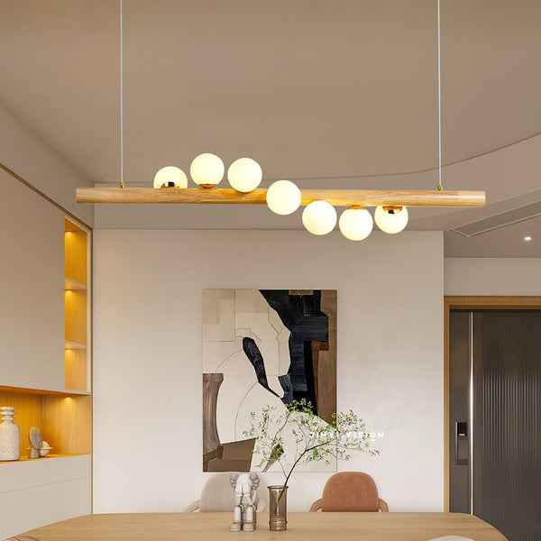 Spiral Glass Ball Chandelier with Wood Frame for Dining Room and Foyer
