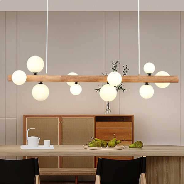 Spiral Glass Ball Chandelier with Wood Frame for Dining Room and Foyer
