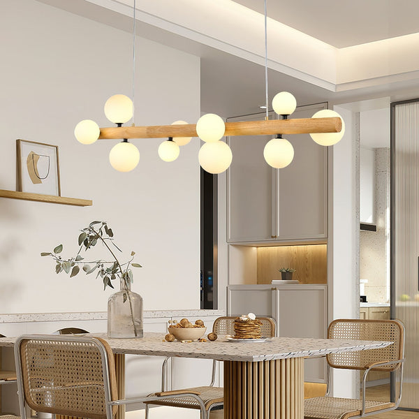 Spiral Glass Ball Chandelier with Wood Frame for Dining Room and Foyer