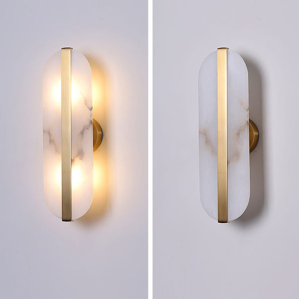 Alabaster Oval Wall Sconce with Brass Band, ADA Vertical or Horizontal Light for Bedroom and Hallway