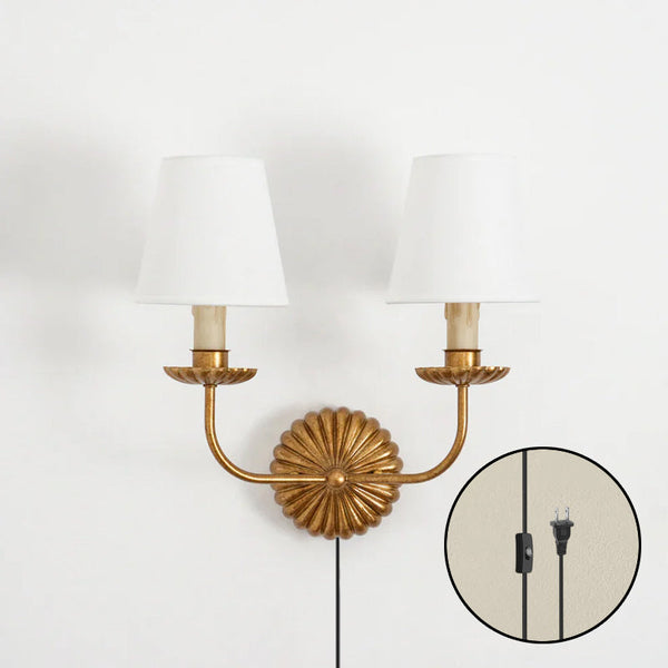 antique gold iron fabric plug in wall lamp