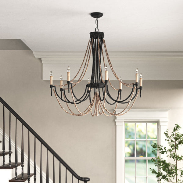 antiqued ivory wood beaded iron chandelier