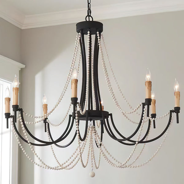 antiqued ivory wood beaded iron chandelier