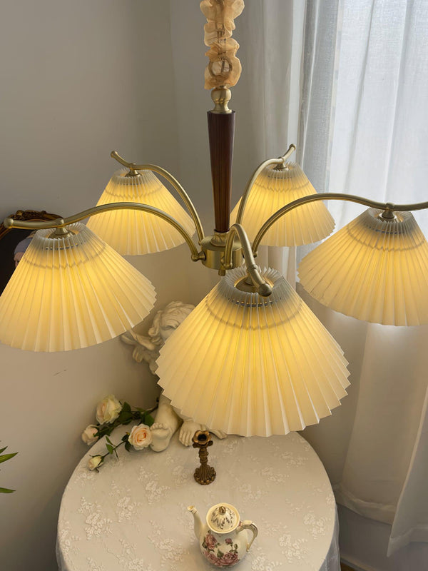 beige pleated fabric brass ash wood chandelier