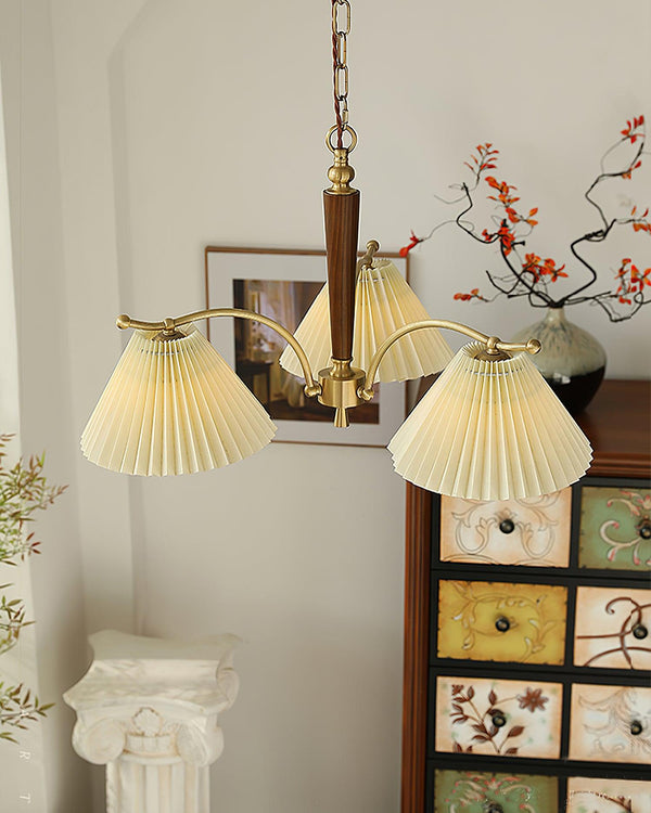beige pleated fabric brass ash wood chandelier