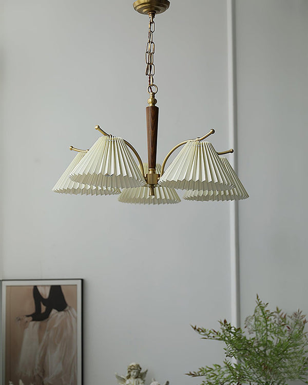 beige pleated fabric brass ash wood chandelier