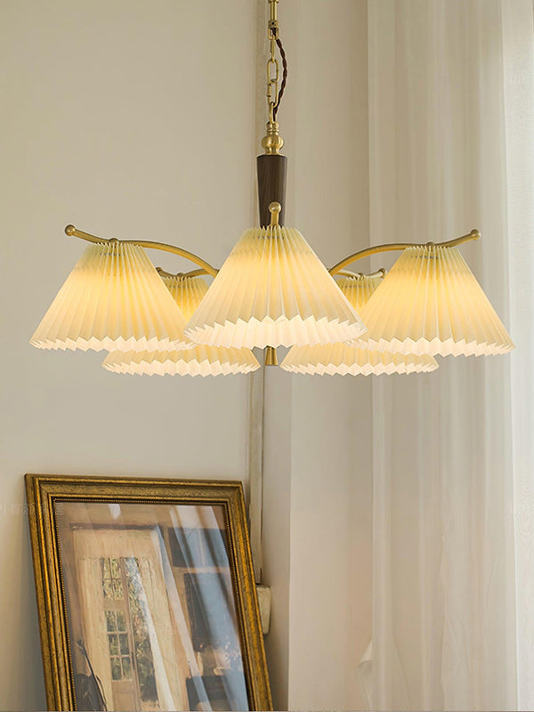 beige pleated fabric brass ash wood chandelier