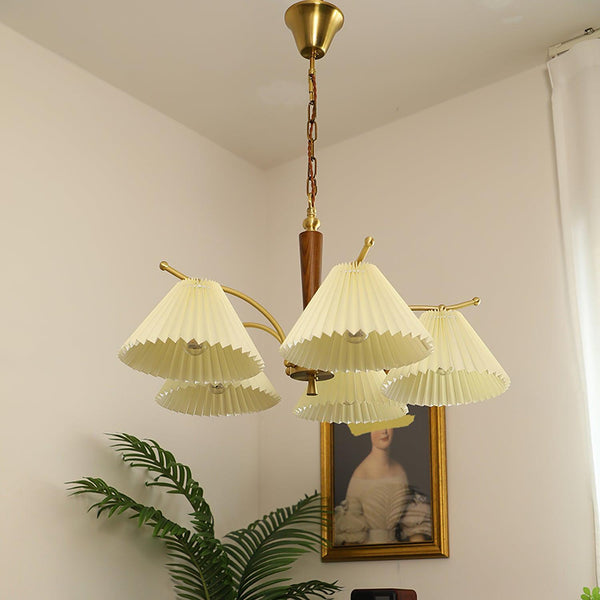beige pleated fabric brass ash wood chandelier