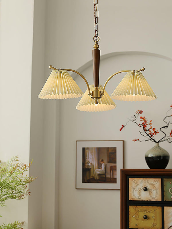 beige pleated fabric brass ash wood chandelier