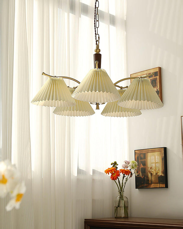 beige pleated fabric brass ash wood chandelier