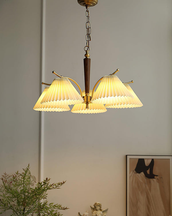 beige pleated fabric brass ash wood chandelier